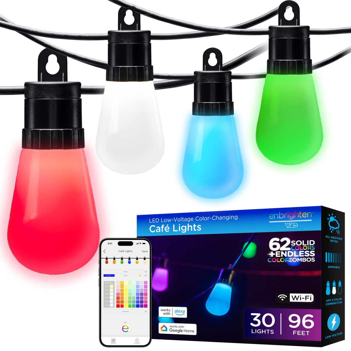 Enbrighten WiFi VIBE Color-Changing Lightweight LED Cafe Lights, 30 Plastic Bulbs, 96ft. Black Cord