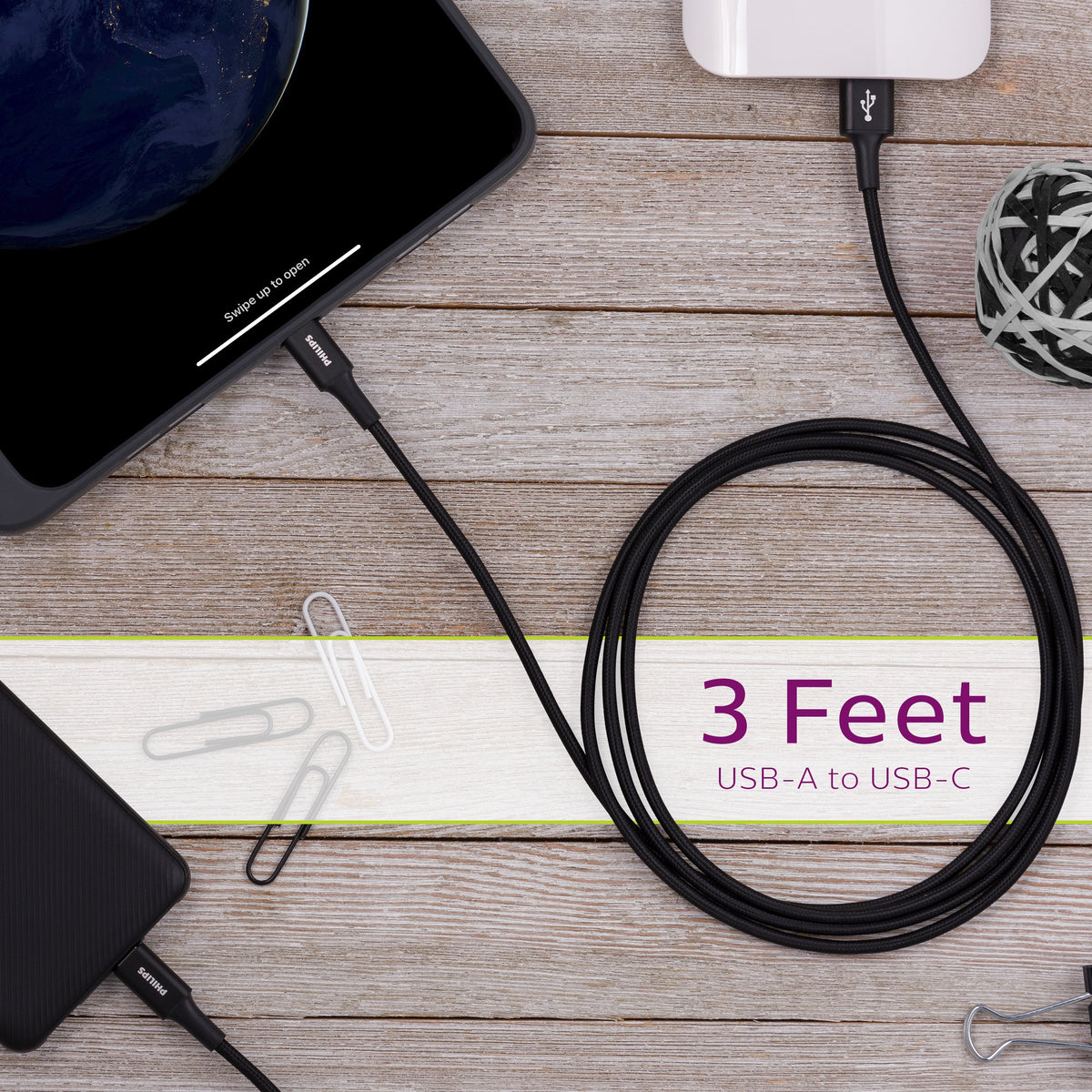 Philips Elite USB-A to USB-C Cable, 3ft, Braided Cord, Black