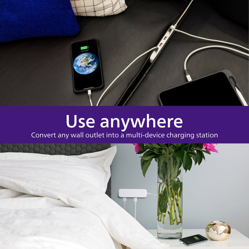 Philips USB Extension Bar, 4 USB-A ports, 4.8A, 24W, 6ft Braided Cord, White