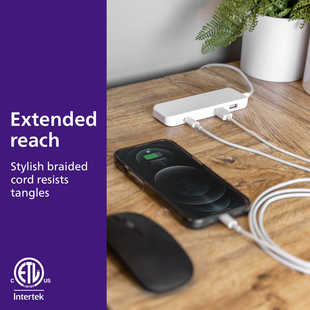 Philips USB Extension Bar, 3 ports, 2 USB-A ,1 20W USB-C, 32W Total, 6ft. Cable, White