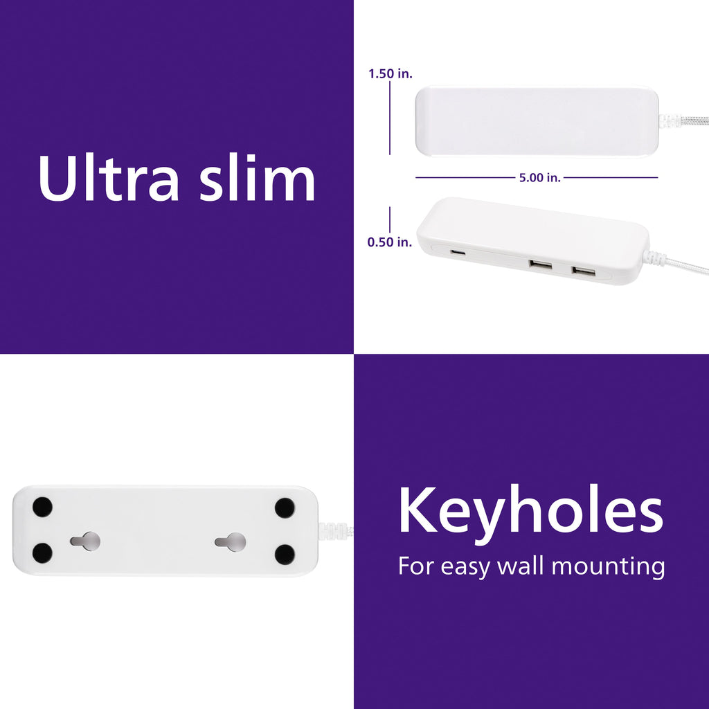 Philips USB Extension Bar, 4 USB-A ports, 4.8A, 24W, 6ft Braided Cord, White