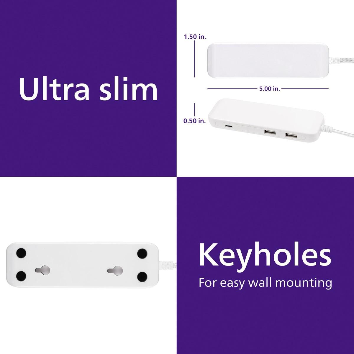 Philips USB Extension Bar, 4 USB-A ports, 4.8A, 24W, 6ft Braided Cord, White