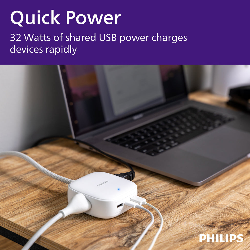 Philips Desktop Charging Hub, 2 outlets, 2 USB-A, 1 USB-C, 5ft. Braided Cord, White