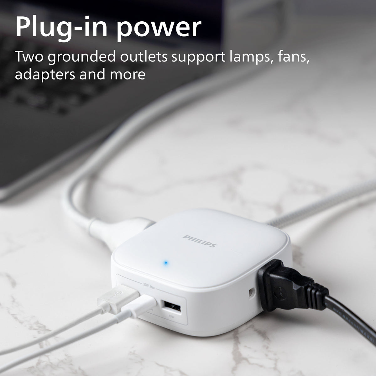 Philips Desktop Charging Hub, 2 outlets, 2 USB-A, 1 USB-C, 5ft. Braided Cord, White