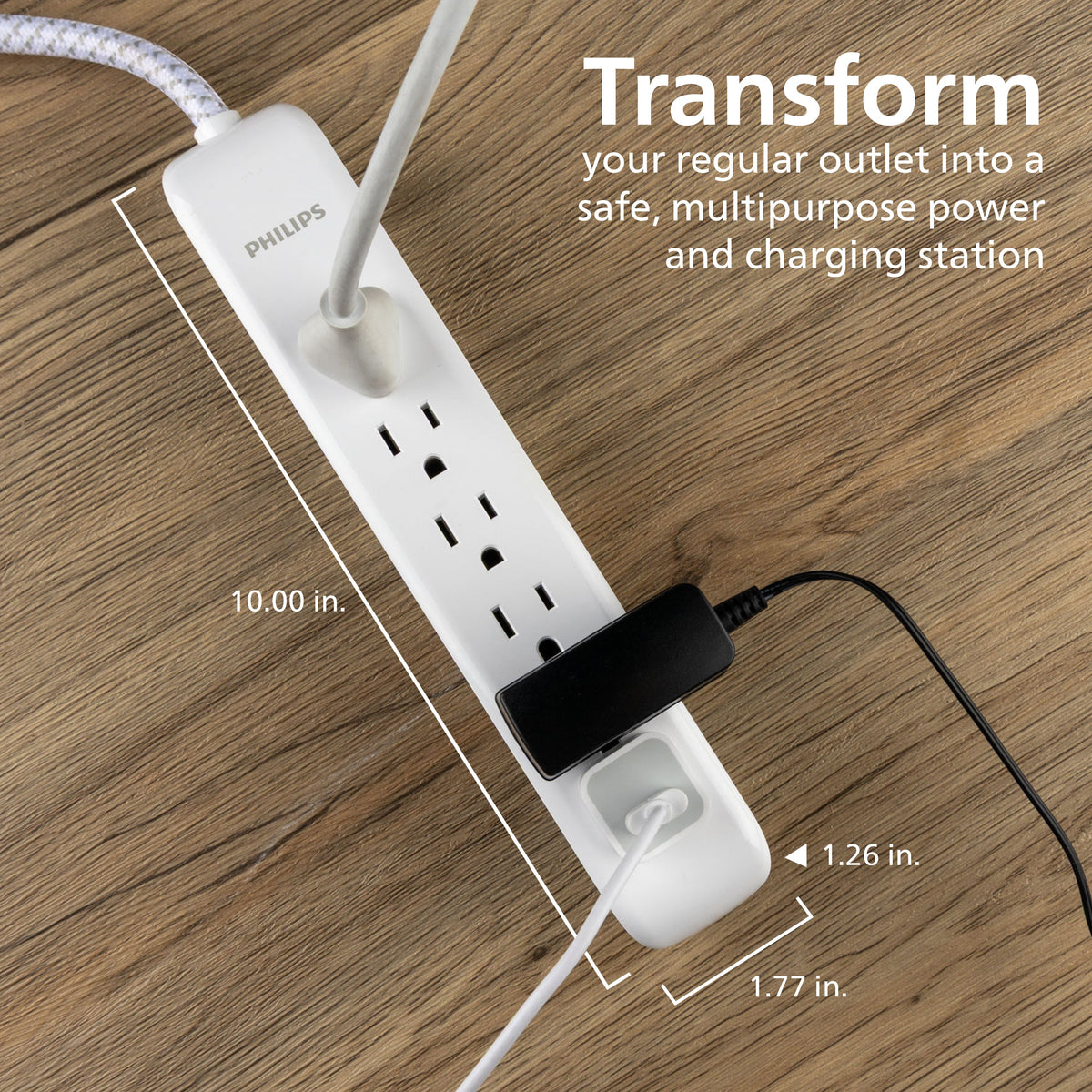 Philips 6-Outlet Surge Protector, 1080J, 6ft Braided Cord, White/Gray