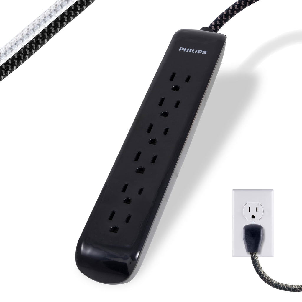 Philips 6-Outlet Surge Protector, 1080J, 10ft Braided Cord, Black