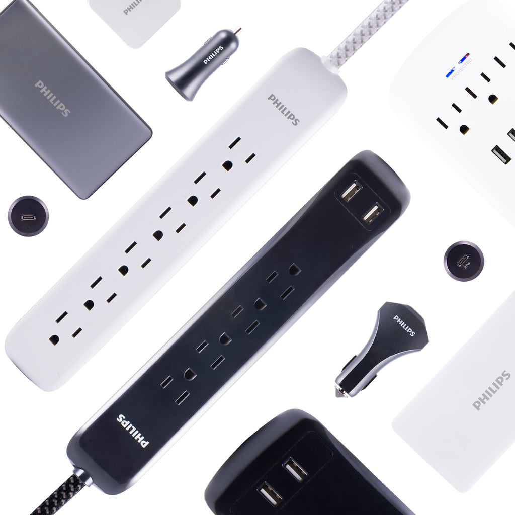 Philips 6-Outlet Surge Protector, 1080J, 10ft Braided Cord, Black
