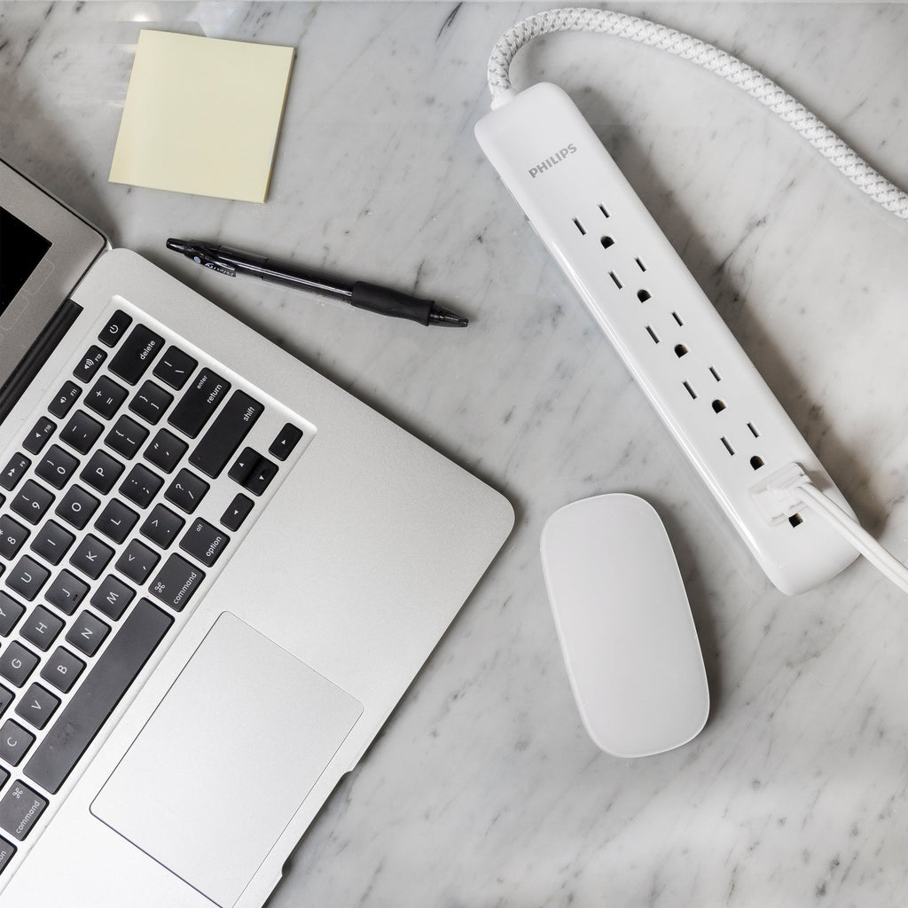 Philips 6-Outlet Surge Protector, 1080J, 10ft Braided Cord, White/Gray