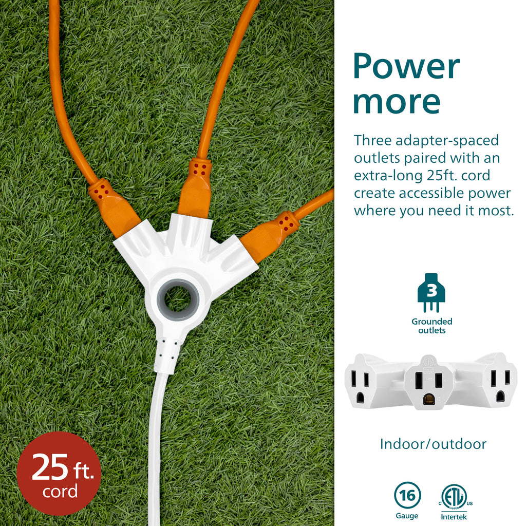 Philips 3-Outlet EZGrip Grounded Extension Cord, 25ft., Indoor/Outdoor, White