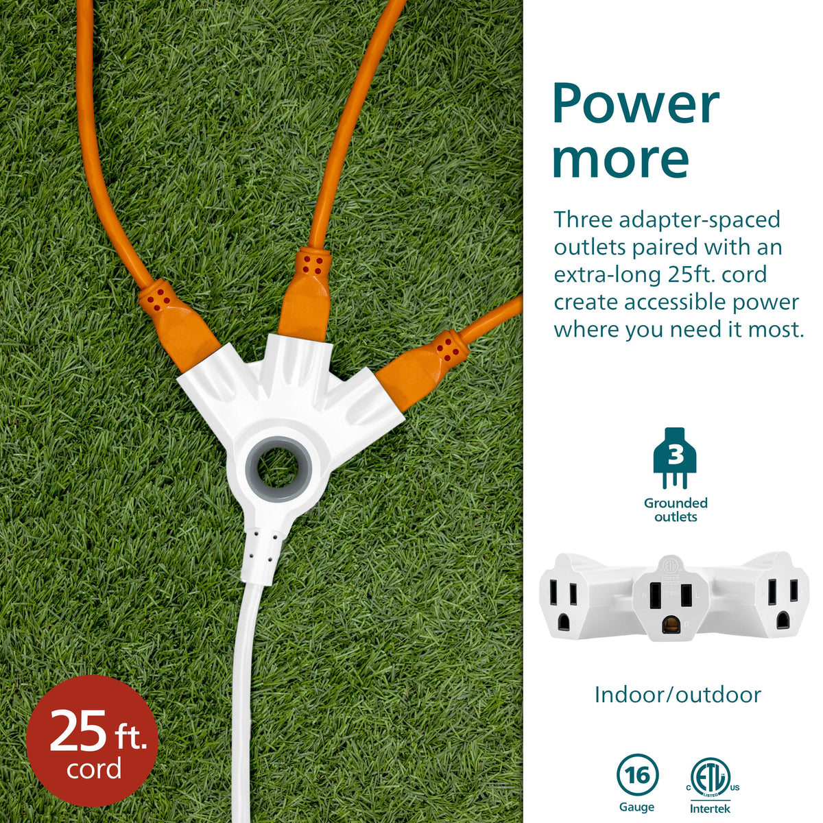 Philips 3-Outlet EZGrip Grounded Extension Cord, 25ft., Indoor/Outdoor, White