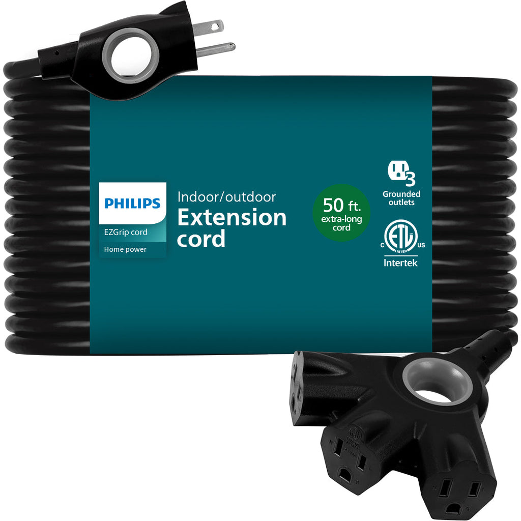 Philips 3-Outlet EZGrip Grounded Extension Cord, 50ft., Indoor/Outdoor, Black