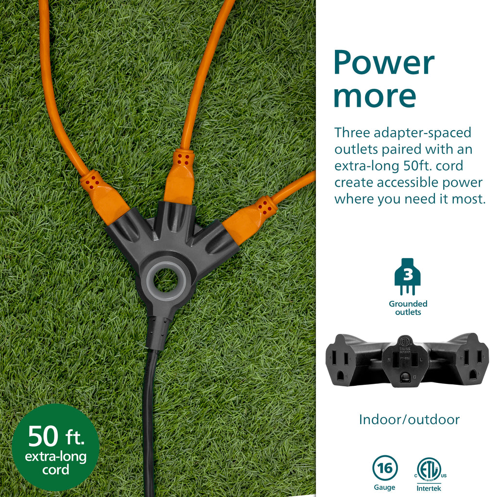 Philips 3-Outlet EZGrip Grounded Extension Cord, 50ft., Indoor/Outdoor, Black