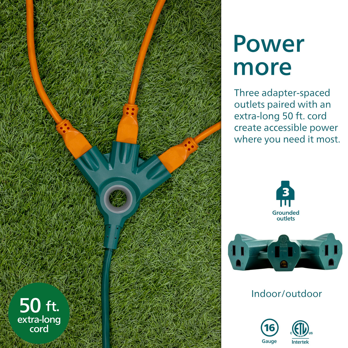 Philips 3-Outlet EZGrip Grounded Extension Cord, 50ft., Indoor/Outdoor, Green