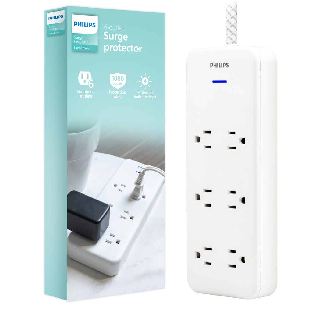 Philips 6-Outlet Surge Protector, 1080J, Adapter-Spaced, 8ft Braided Cord, White