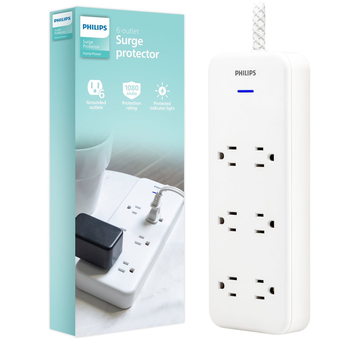 Philips 6-Outlet Surge Protector, 1080J, Adapter-Spaced, 8ft Braided Cord, White