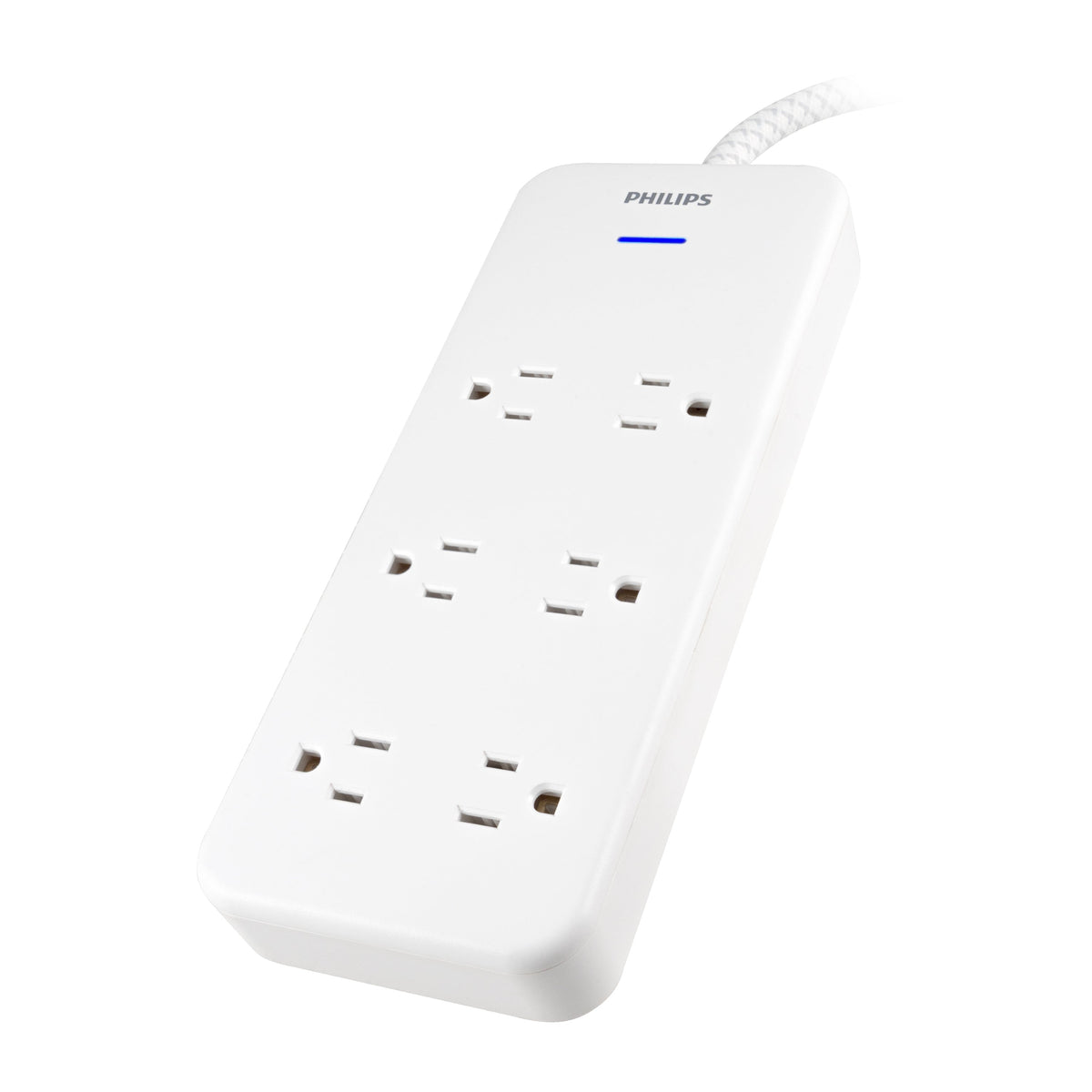 Philips 6-Outlet Surge Protector, 1080J, Adapter-Spaced, 8ft Braided Cord, White