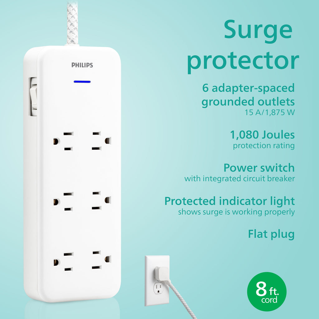 Philips 6-Outlet Surge Protector, 1080J, Adapter-Spaced, 8ft Braided Cord, White