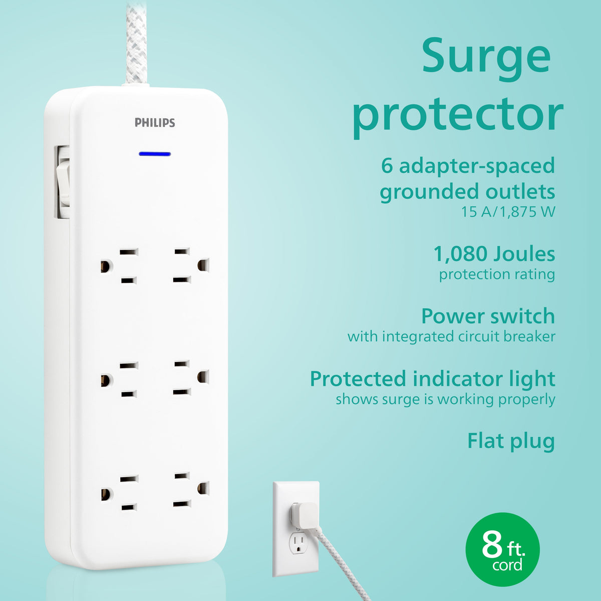 Philips 6-Outlet Surge Protector, 1080J, Adapter-Spaced, 8ft Braided Cord, White