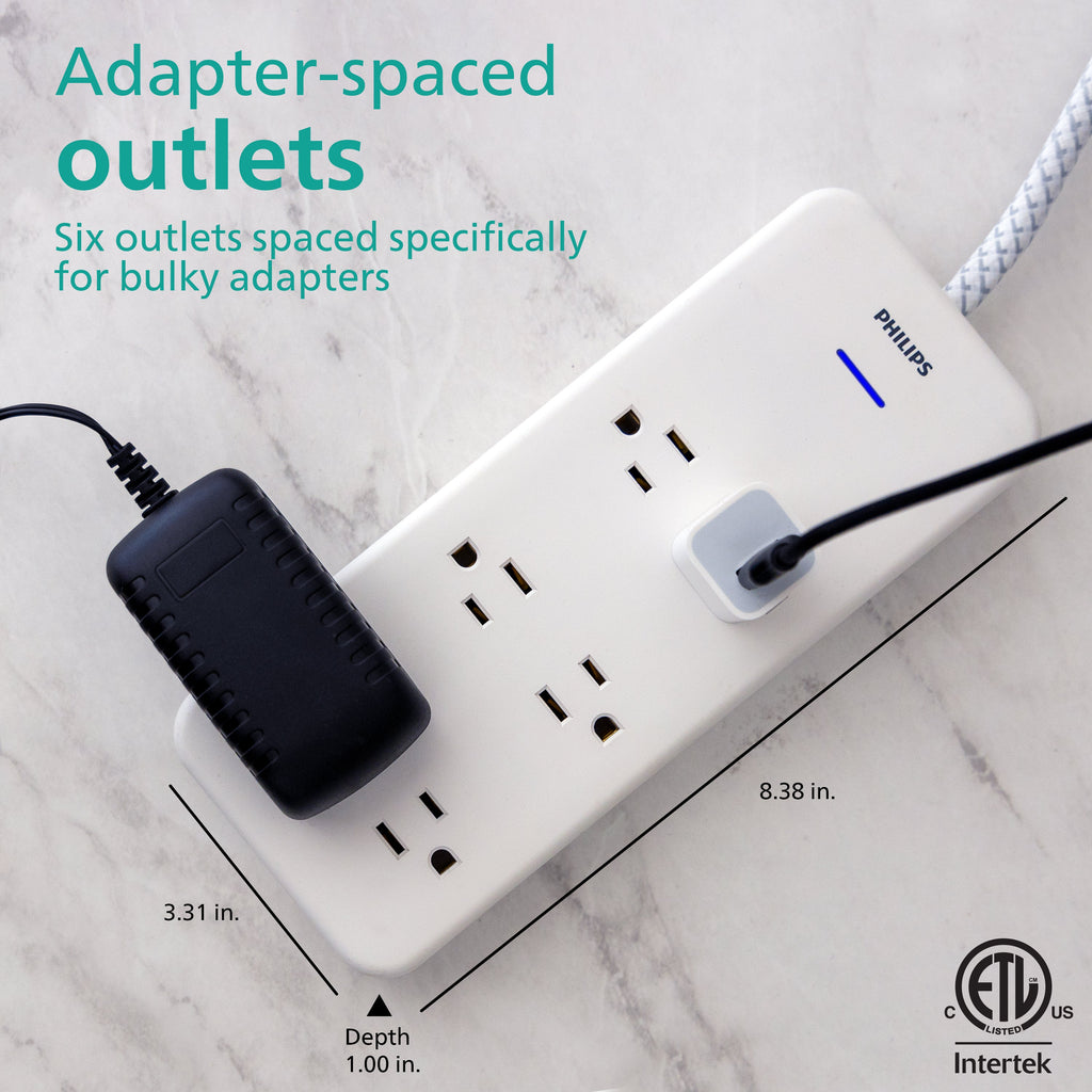 Philips 6-Outlet Surge Protector, 1080J, Adapter-Spaced, 8ft Braided Cord, White