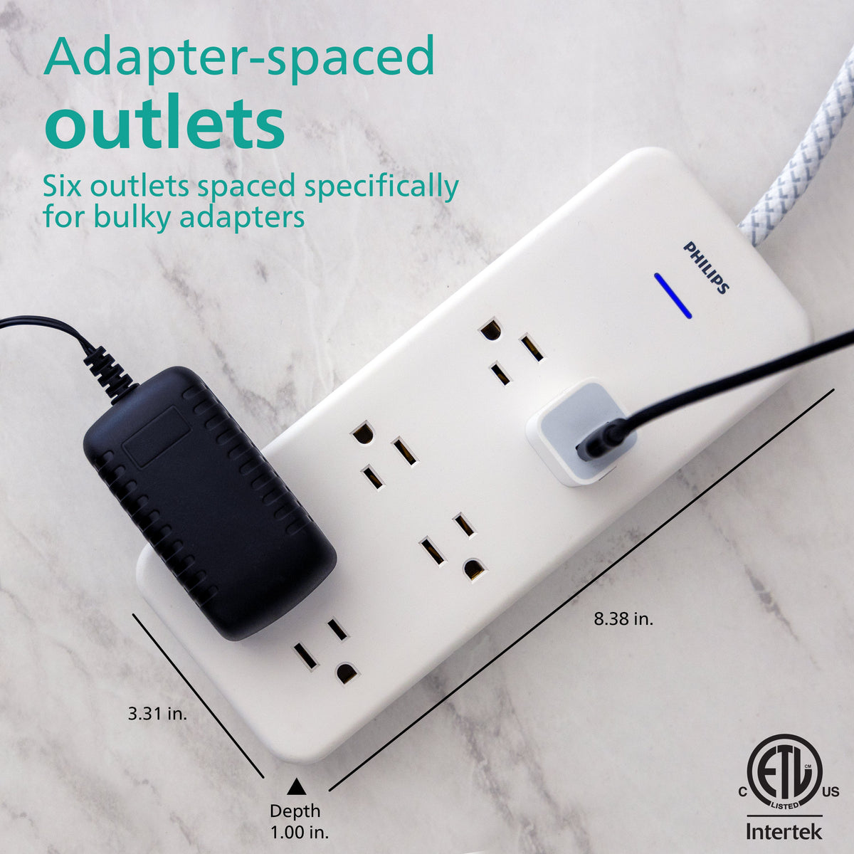 Philips 6-Outlet Surge Protector, 1080J, Adapter-Spaced, 8ft Braided Cord, White