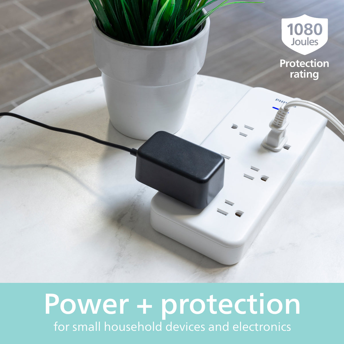 Philips 6-Outlet Surge Protector, 1080J, Adapter-Spaced, 8ft Braided Cord, White
