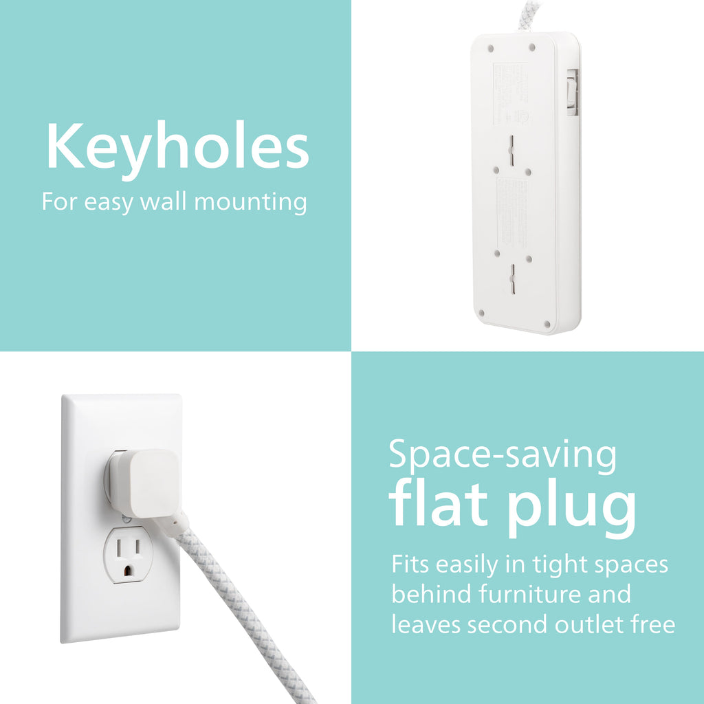 Philips 6-Outlet Surge Protector, 1080J, Adapter-Spaced, 8ft Braided Cord, White