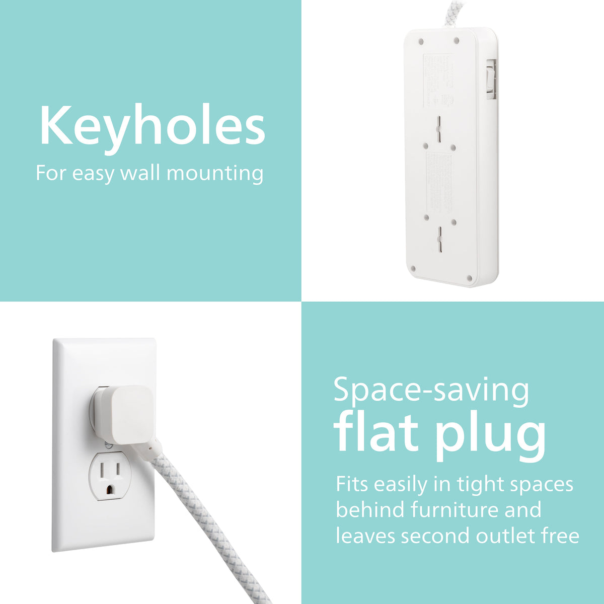 Philips 6-Outlet Surge Protector, 1080J, Adapter-Spaced, 8ft Braided Cord, White