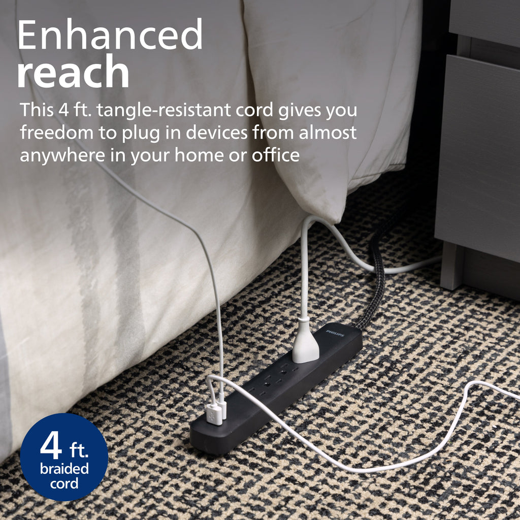 Philips 4-Outlet, 1-USB-C, 1-USB-A Surge Protector, 15W, 450J, 4ft Braided Cord, black