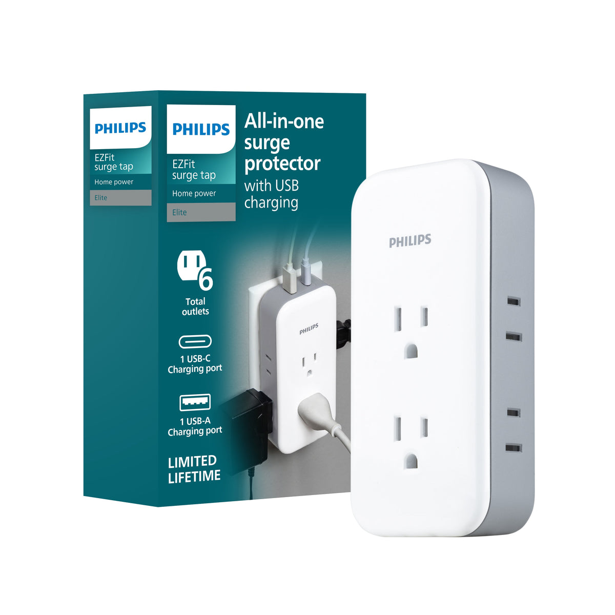 Philips All-in-One Surge Tap with USB, 2 Grounded & 4 Polarized Outlets, 1 USB-C & 1 USB-A Port, 490 Joules, White/Gray