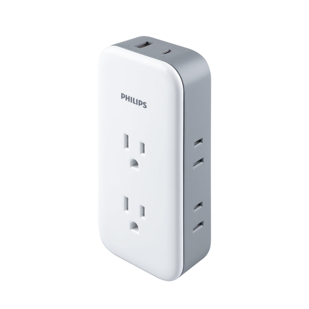 Philips All-in-One Surge Tap with USB, 2 Grounded & 4 Polarized Outlets, 1 USB-C & 1 USB-A Port, 490 Joules, White/Gray