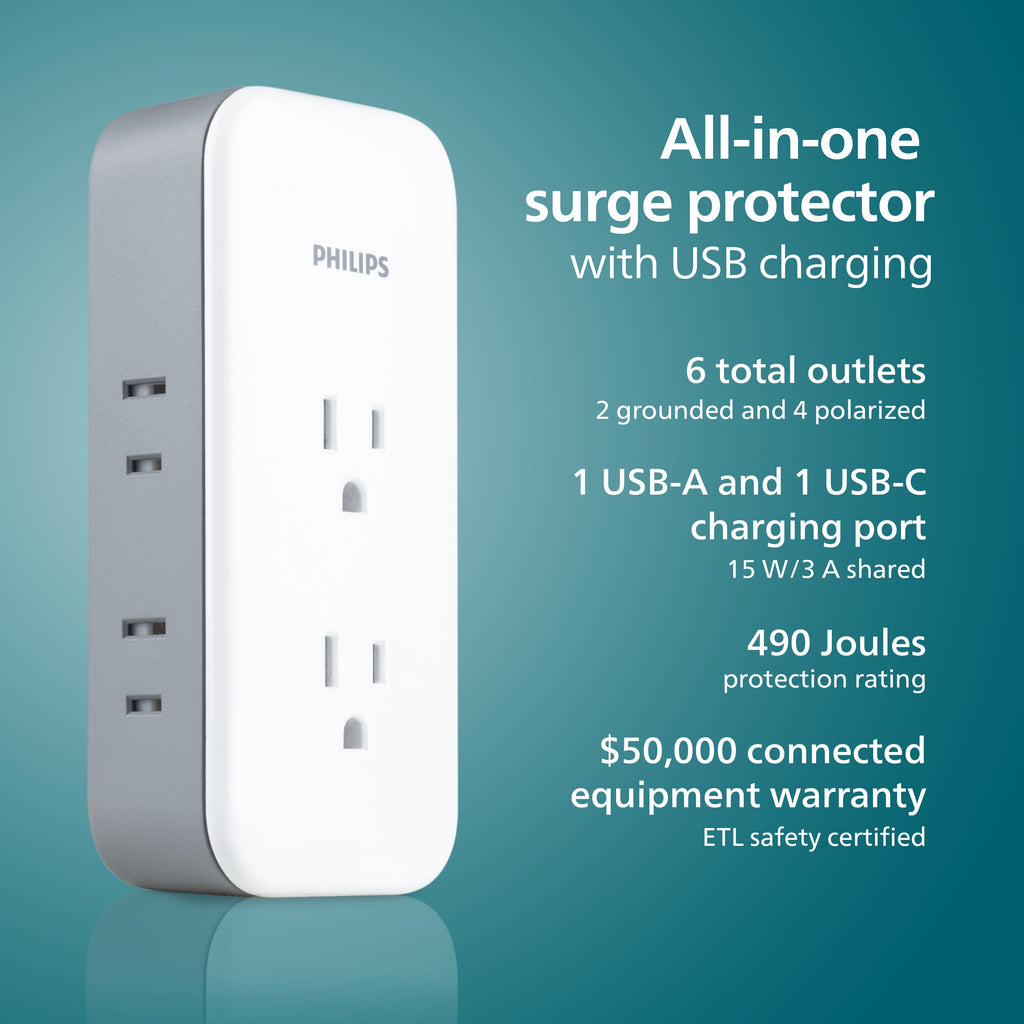 Philips All-in-One Surge Tap with USB, 2 Grounded & 4 Polarized Outlets, 1 USB-C & 1 USB-A Port, 490 Joules, White/Gray