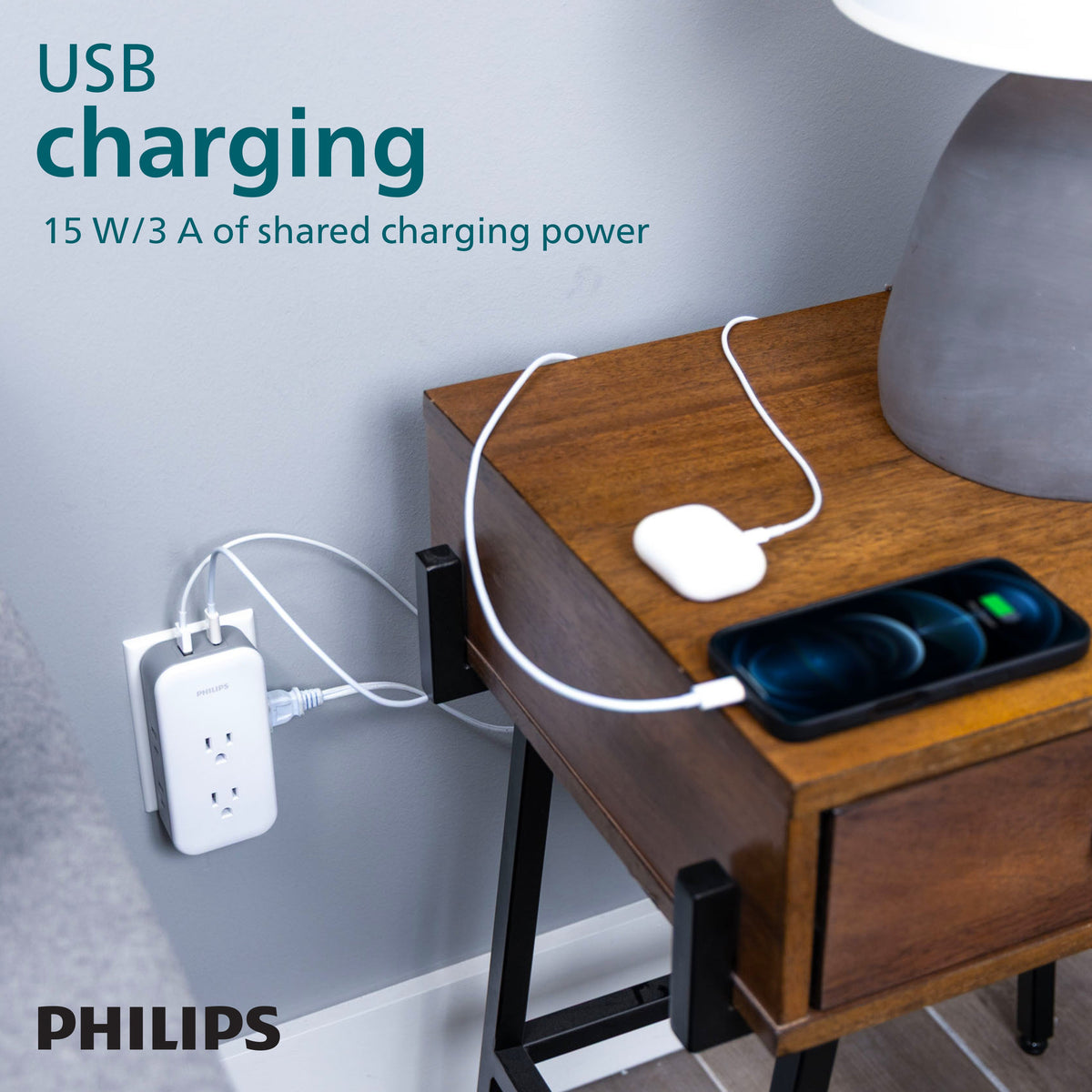 Philips All-in-One Surge Tap with USB, 2 Grounded & 4 Polarized Outlets, 1 USB-C & 1 USB-A Port, 490 Joules, White/Gray