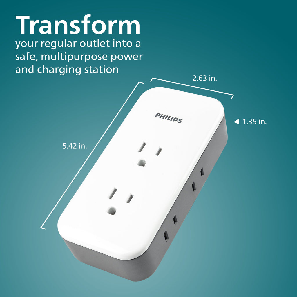 Philips All-in-One Surge Tap with USB, 2 Grounded & 4 Polarized Outlets, 1 USB-C & 1 USB-A Port, 490 Joules, White/Gray