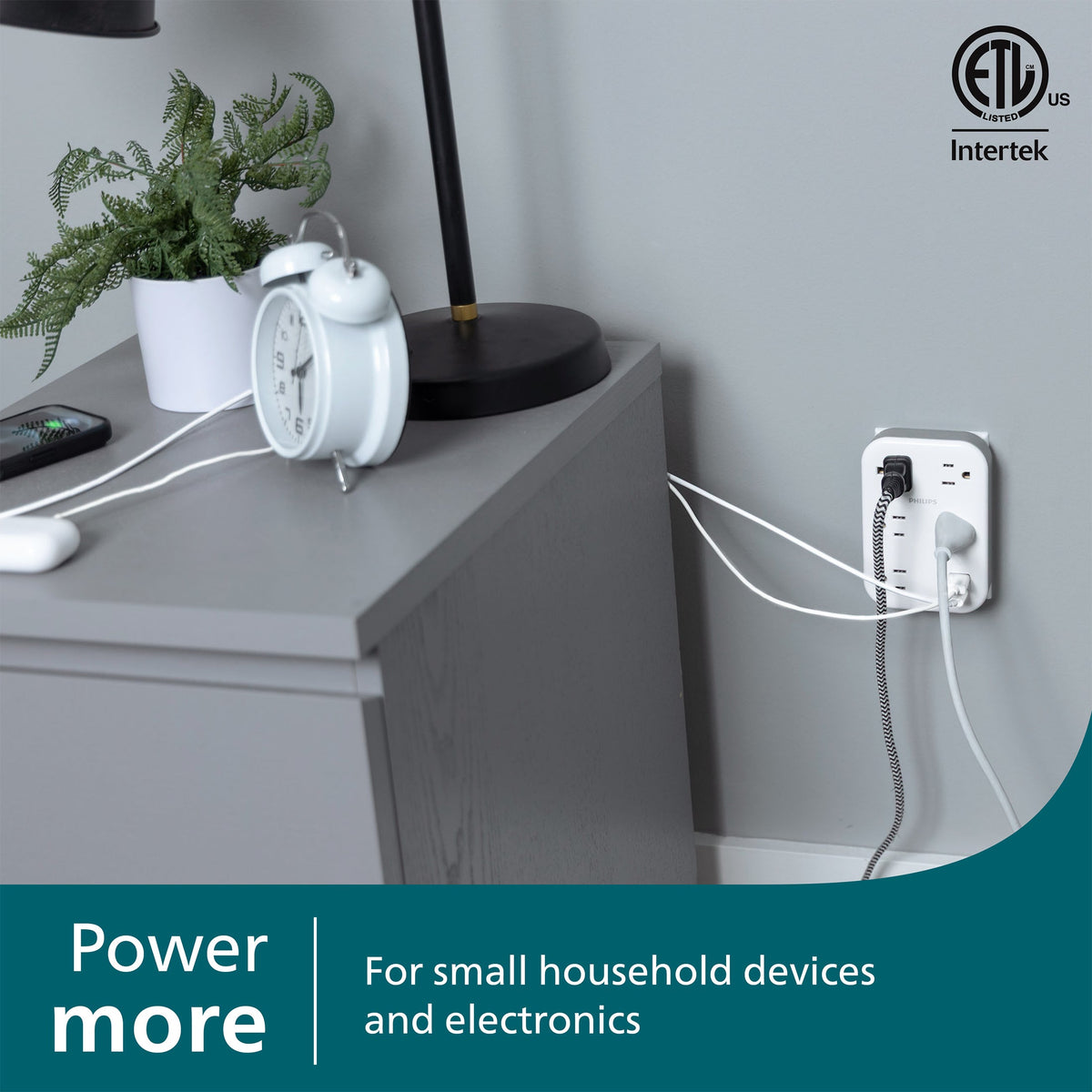 Philips EZFit 5-Outlet Extender Wall Tap with Surge Protection, Grounded Adapter, Charging Station, 3 Prong, 1 USB-A, 1 USB-C, 900J, White,