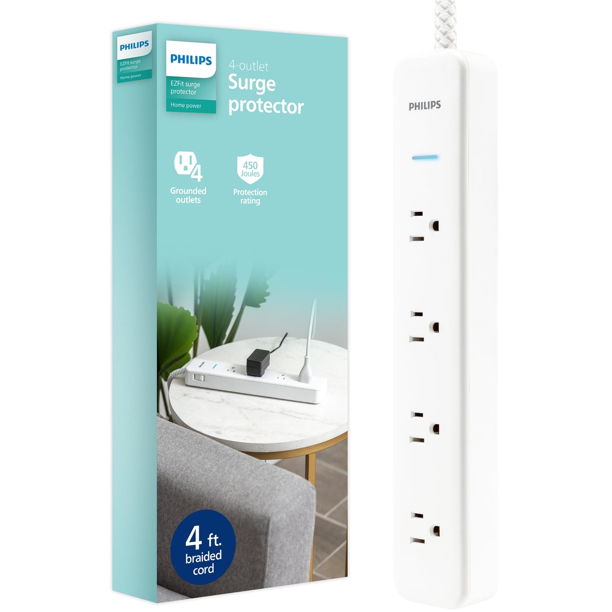 Philips 4-Outlet Surge Protector Power Strip, 4 Ft Braided Extension Cord, Multi Plug Outlet Extender, Adapter-Spaced, 450 Joules, White