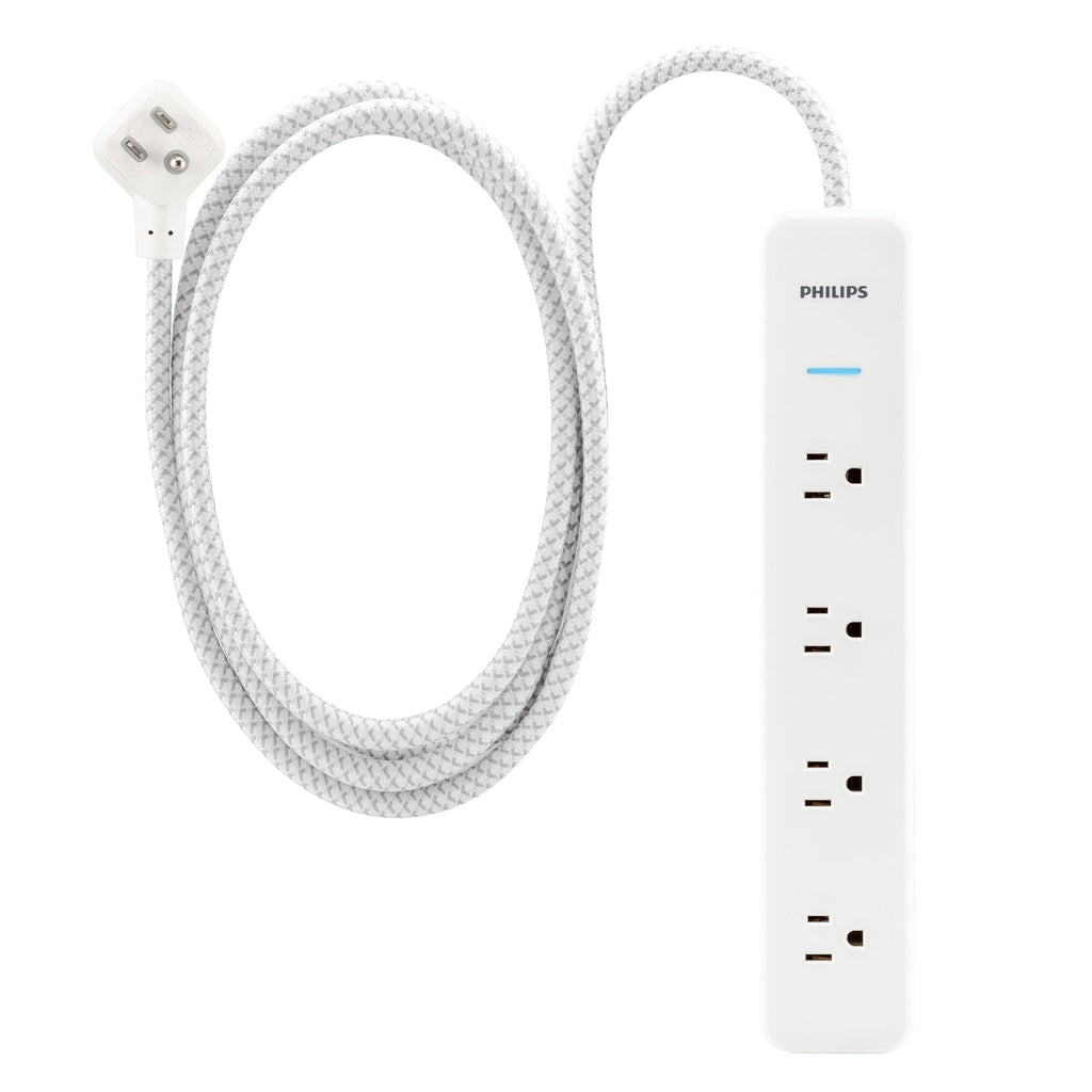 Philips 4-Outlet Surge Protector Power Strip, 4 Ft Braided Extension Cord, Multi Plug Outlet Extender, Adapter-Spaced, 450 Joules, White