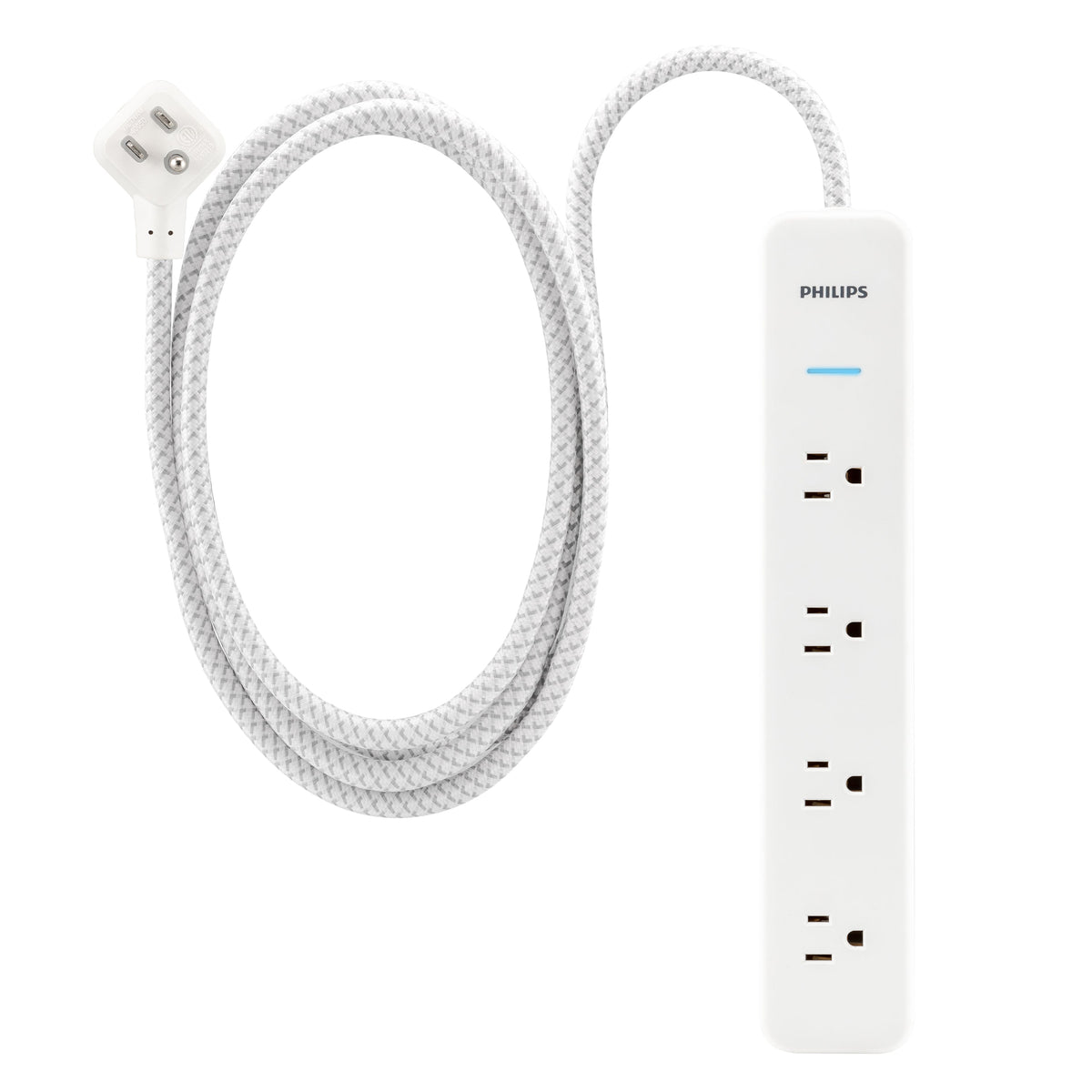 Philips 4-Outlet Surge Protector Power Strip, 4 Ft Braided Extension Cord, Multi Plug Outlet Extender, Adapter-Spaced, 450 Joules, White