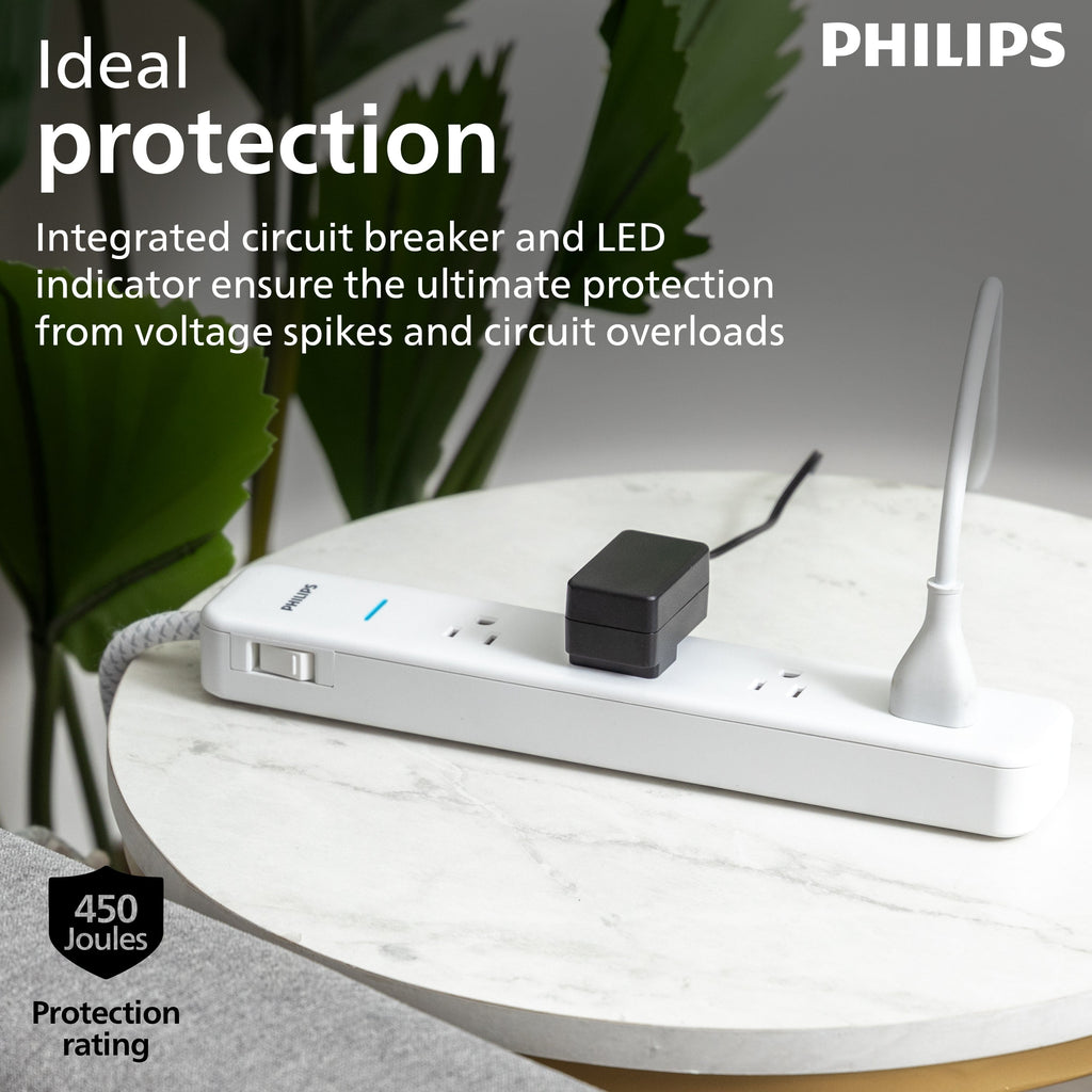 Philips 4-Outlet Surge Protector Power Strip, 4 Ft Braided Extension Cord, Multi Plug Outlet Extender, Adapter-Spaced, 450 Joules, White