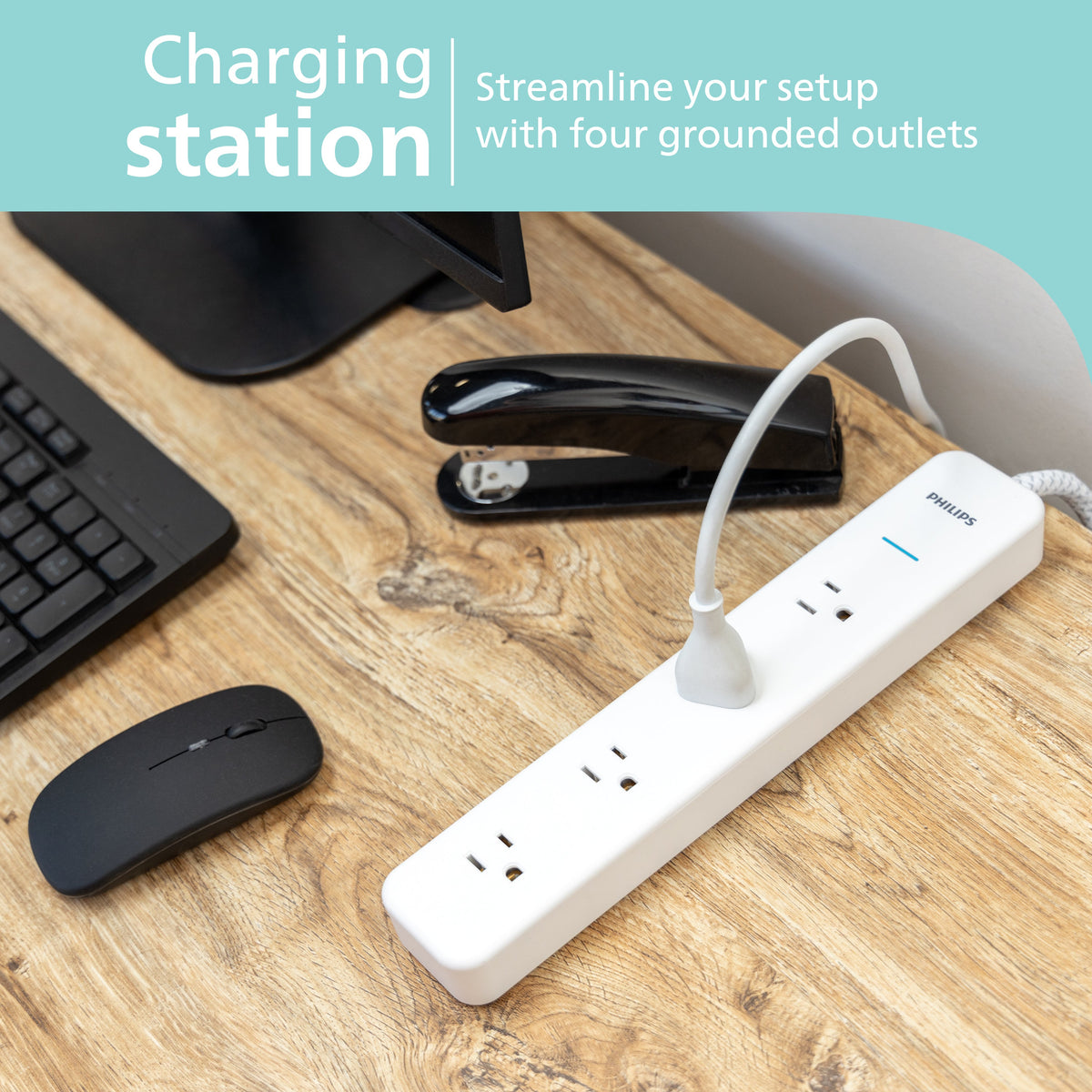Philips 4-Outlet Surge Protector Power Strip, 4 Ft Braided Extension Cord, Multi Plug Outlet Extender, Adapter-Spaced, 450 Joules, White