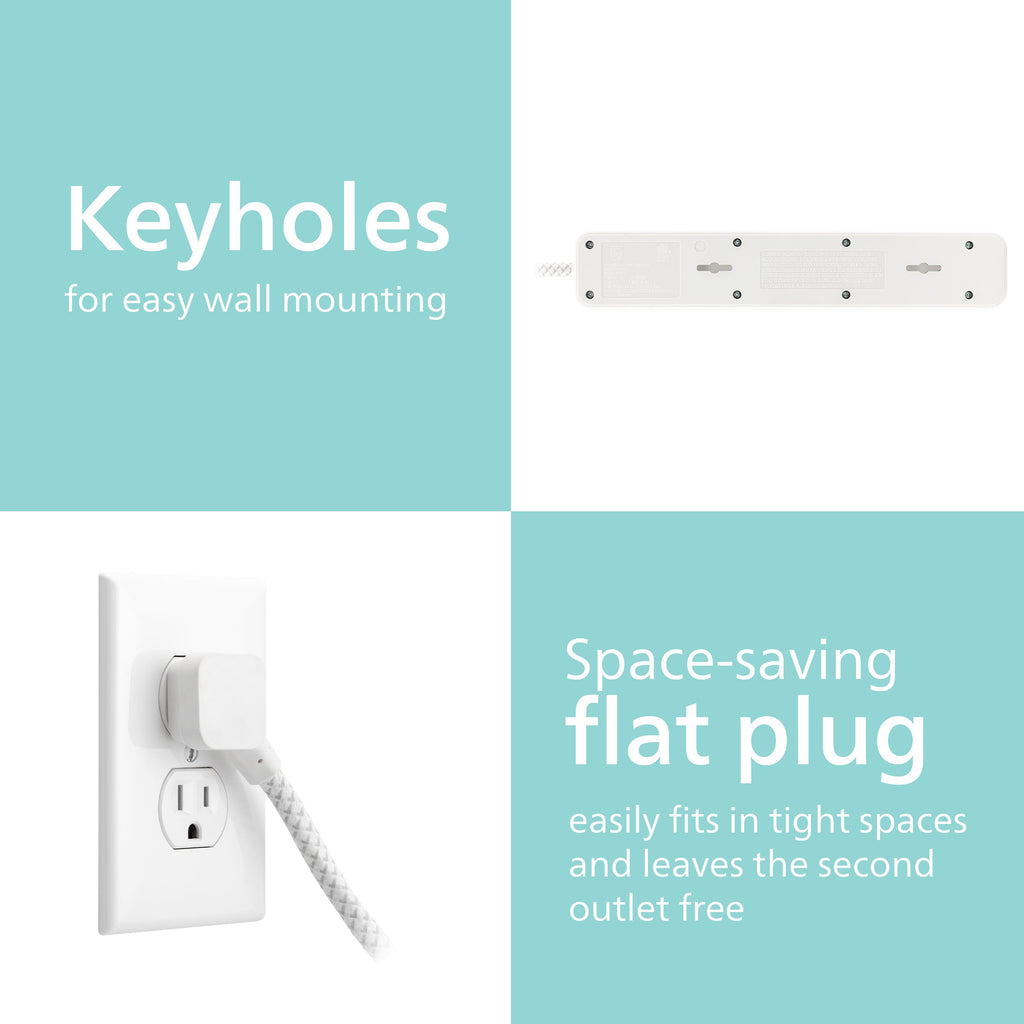 Philips 4-Outlet Surge Protector Power Strip, 4 Ft Braided Extension Cord, Multi Plug Outlet Extender, Adapter-Spaced, 450 Joules, White