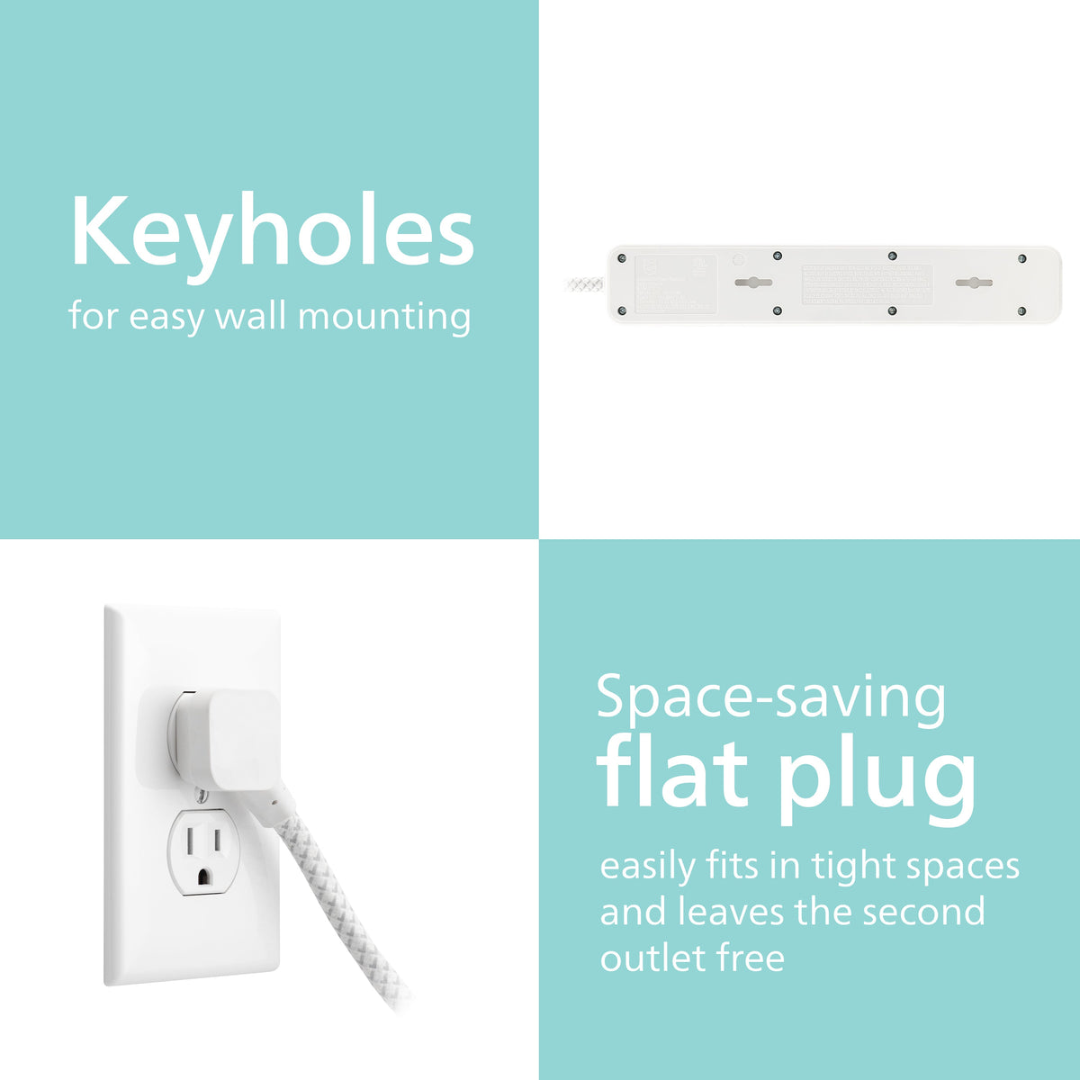 Philips 4-Outlet Surge Protector Power Strip, 4 Ft Braided Extension Cord, Multi Plug Outlet Extender, Adapter-Spaced, 450 Joules, White