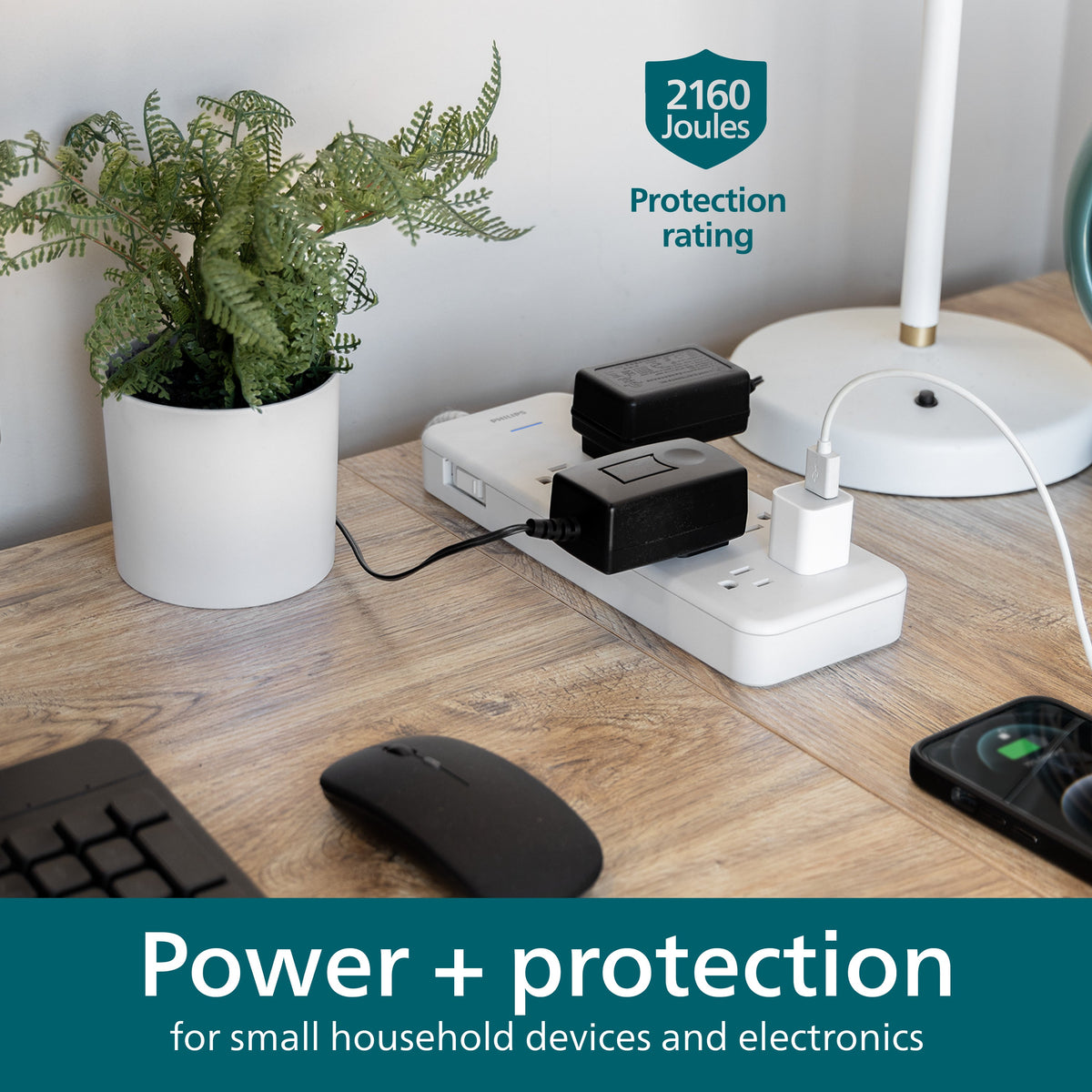 Philips Adapt 8-Outlet Surge Protector, 2160J, Adapter-Spaced, 8ft Braided Cord, White