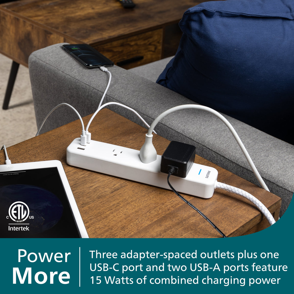 Philips EZFit 3-Outlet Surge Protector with 2A/1C, 490J, Adapter-Spaced, 6ft Braided Cord, White