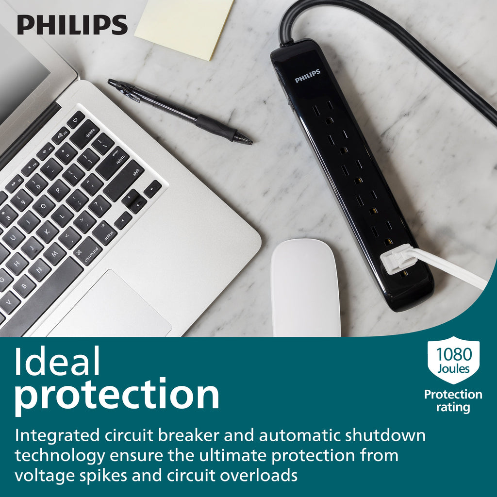 Philips 6-Outlet Surge Protector, 1080J, 10ft. Cord, Black