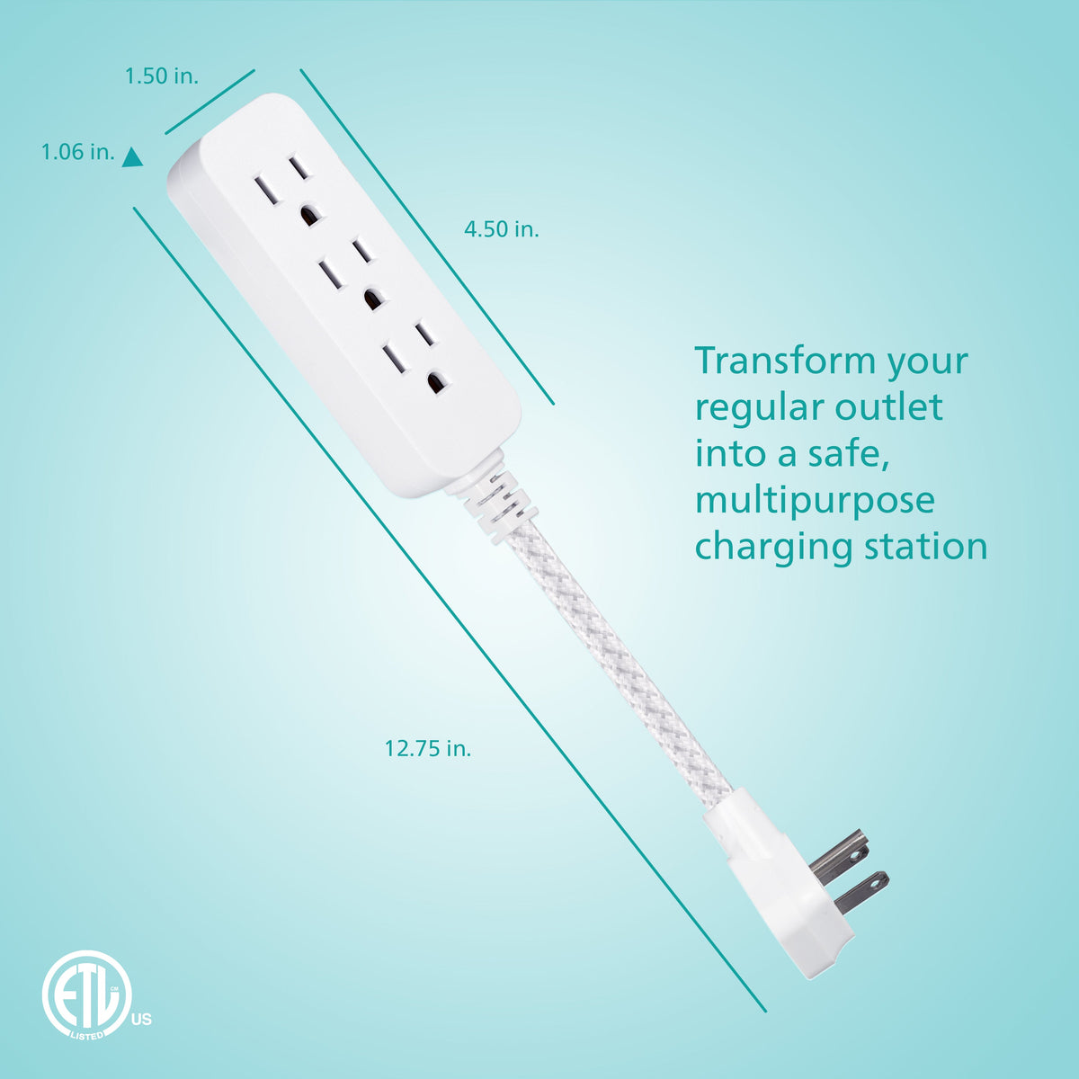 Philips 1 Ft Indoor Extension Cord with Surge Protection, 3-Outlet, Flat Plug, White