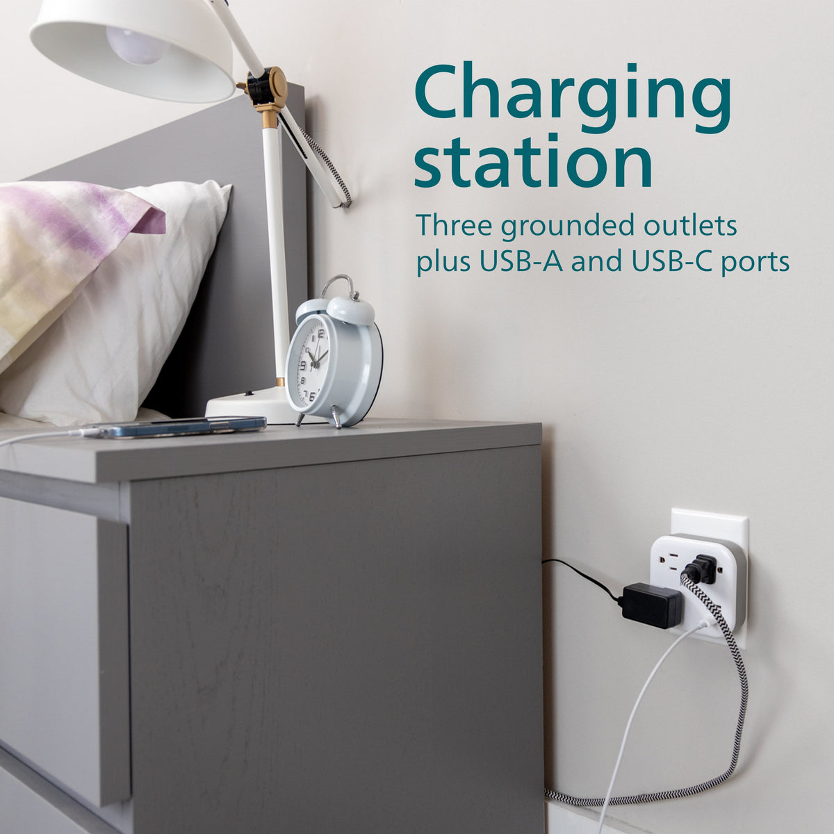Philips EZFit 3-Outlet Surge Outlet Extender with USB, 1 USB-A, 1 Type-C, 2 Pack, White