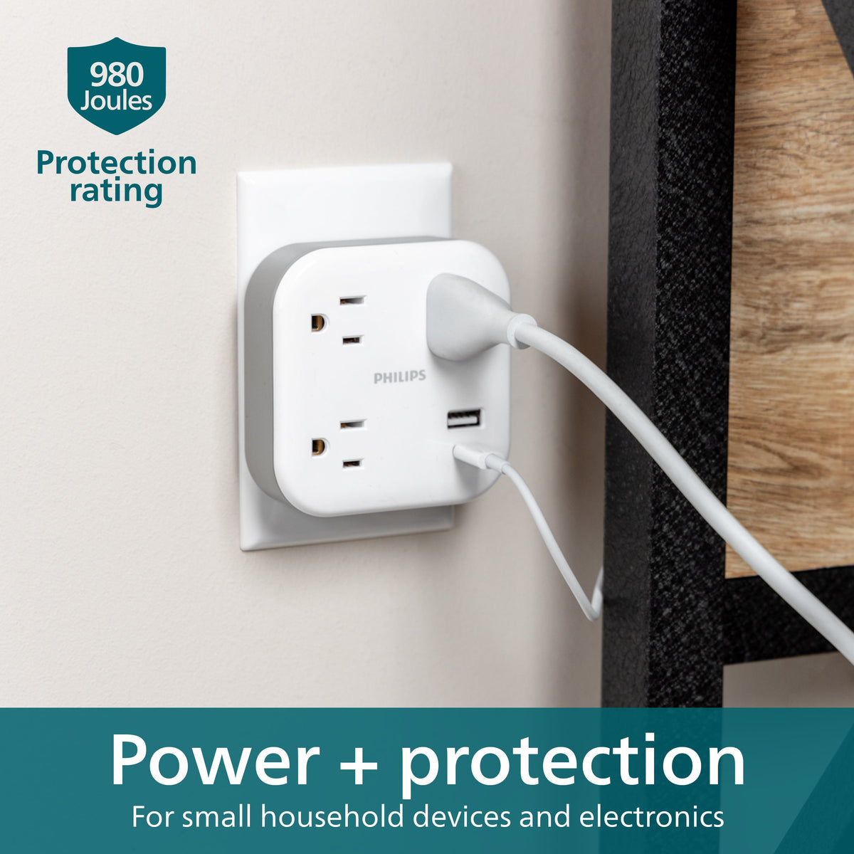 Philips EZFit 3-Outlet Surge Outlet Extender with USB, 1 USB-A, 1 Type-C, 2 Pack, White