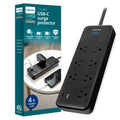Philips 7-Outlet Surge Protector with USB Charging, 1USB-A, 1USB-C, 1500J, Adapter Spaced, 4ft Braided Cord, Black