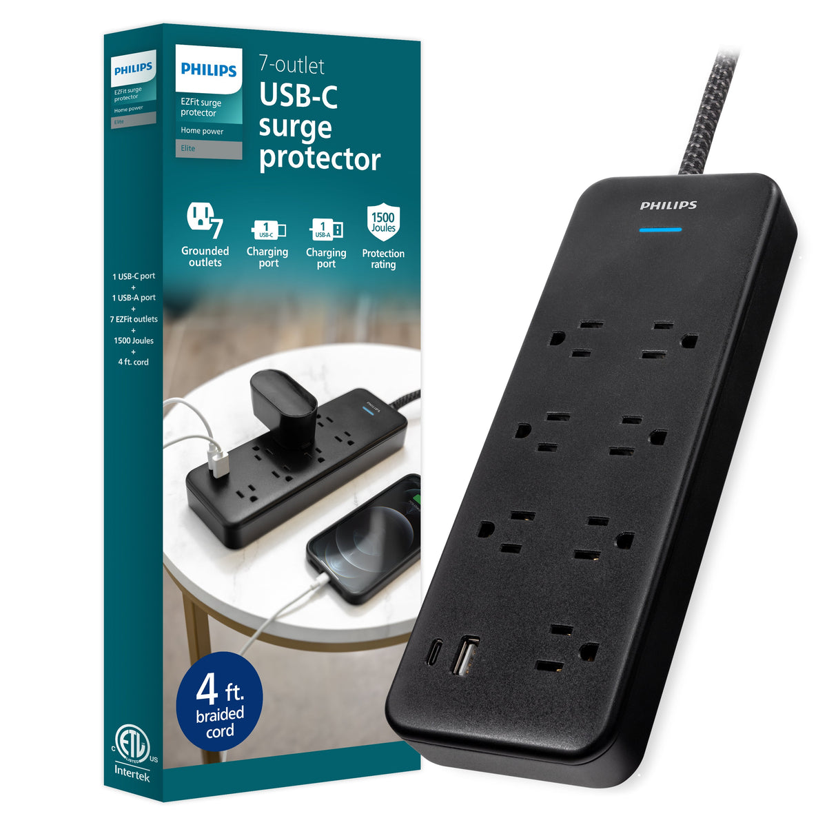 Philips 7-Outlet Surge Protector with USB Charging, 1USB-A, 1USB-C, 1500J, Adapter Spaced, 4ft Braided Cord, Black