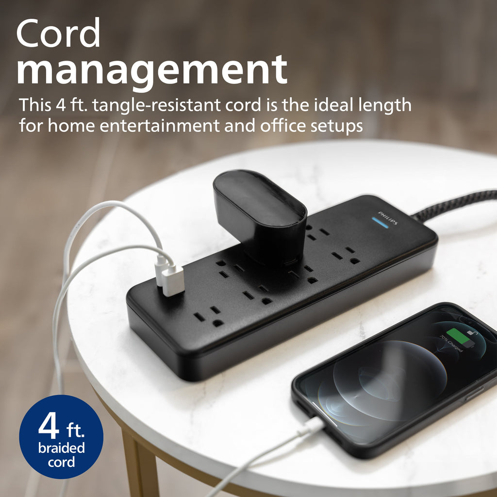 Philips 7-Outlet Surge Protector with USB Charging, 1USB-A, 1USB-C, 1500J, Adapter Spaced, 4ft Braided Cord, Black